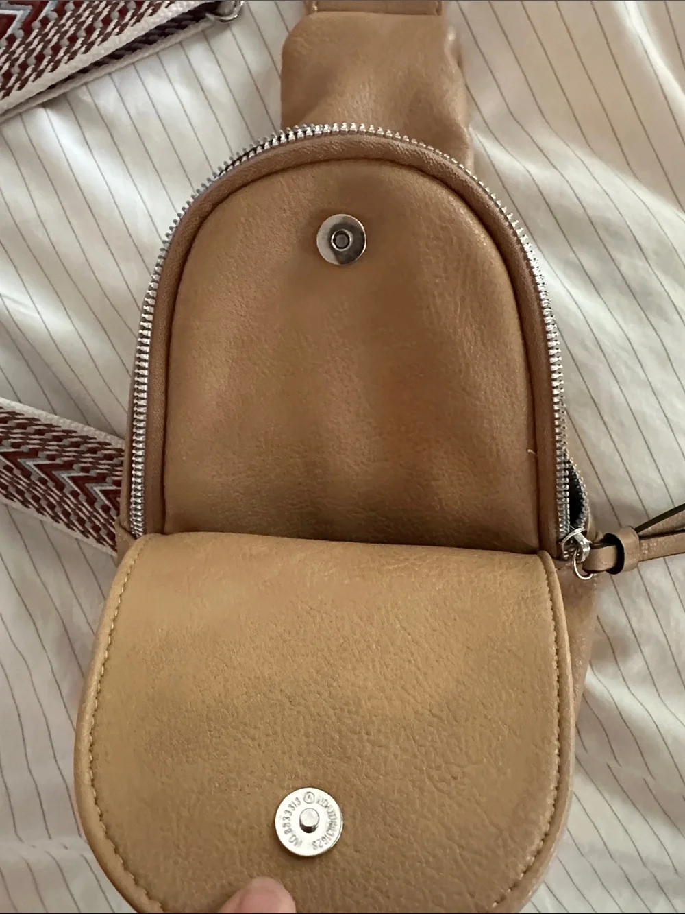 Coco + Carmen Tan Leather Sling Bag with Woven Strap Accent